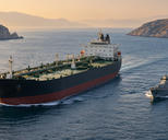 Synthetic editorial illustration. A large dark-hulled tanker and a smaller grey patrol vessel move through a narrow sea passage, leaving gentle wakes. Barren rocky shores frame the water in warm hazy light.