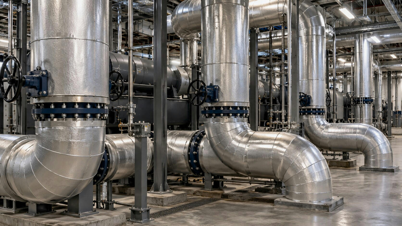 Synthetic editorial illustration. A mechanical plant room. Large silver-insulated pipes bend between floor mounts and overhead runs, with dark handwheel valves, bolted flanges and metal supports repeating into the room.