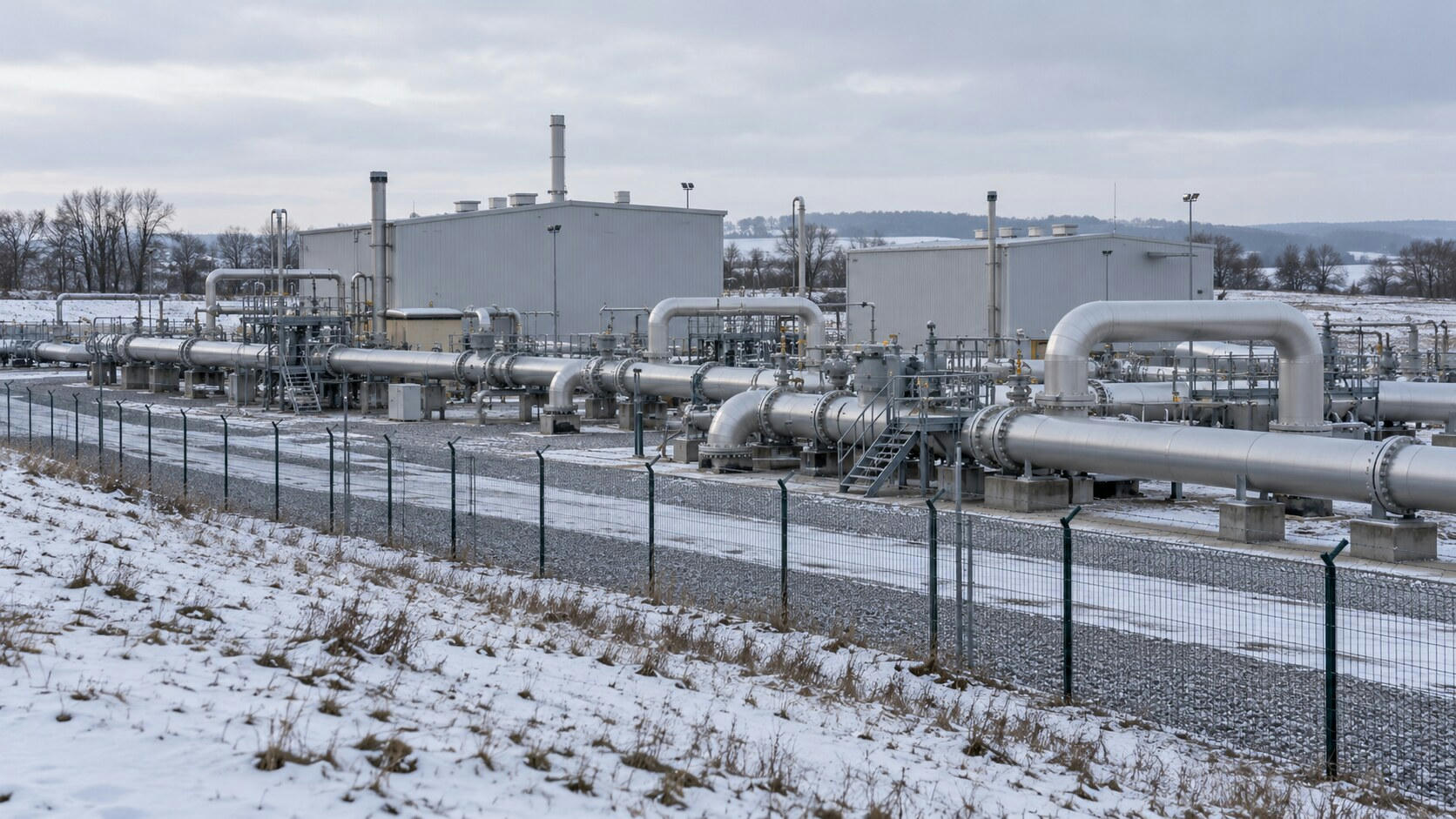 Synthetic editorial illustration. A winter gas compressor station. Large grey buildings and substantial silver pipework stand behind a mesh fence amid snow-dusted ground and leafless trees.