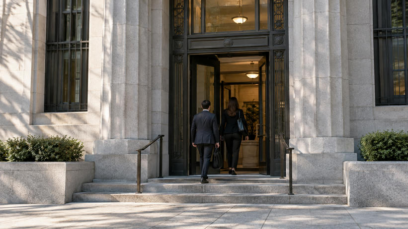 Synthetic editorial illustration. Two rear-view adults enter a formal stone institutional building through a tall doorway in morning light.