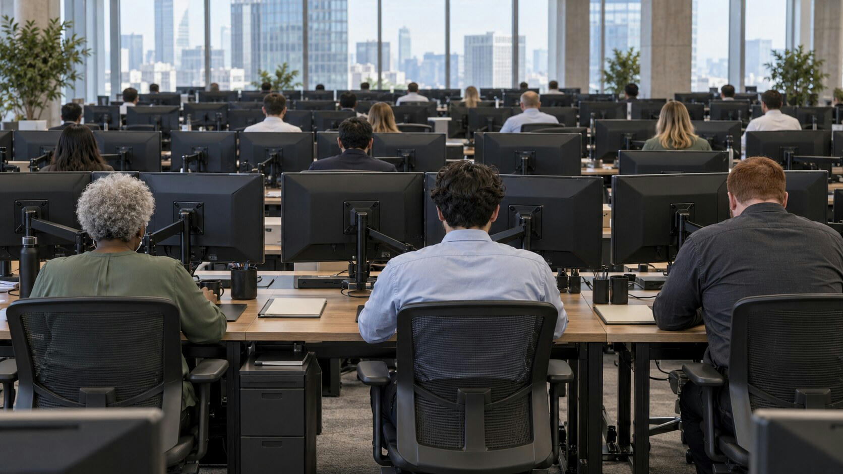 Synthetic editorial illustration. A commodity trading office. Traders seen from behind sit at rows of desks with monitor backs and mounting arms facing the camera, with daylight windows across the far wall.