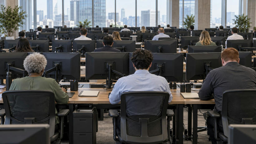 Synthetic editorial illustration. A commodity trading office. Traders seen from behind sit at rows of desks with monitor backs and mounting arms facing the camera, with daylight windows across the far wall.