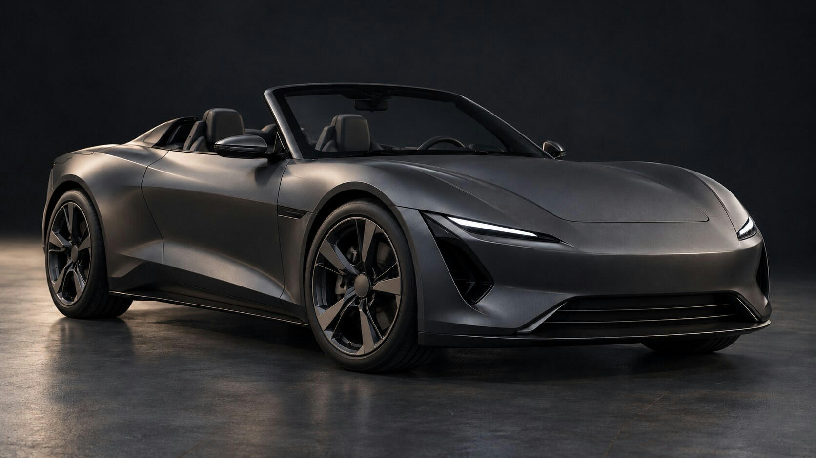 Synthetic editorial illustration. A matte graphite open-top sports car stands alone in a dark studio. Soft rim lighting outlines its low body, plain wheels and narrow headlamps against the quiet background.