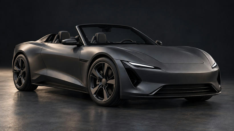Synthetic editorial illustration. A matte graphite open-top sports car stands alone in a dark studio. Soft rim lighting outlines its low body, plain wheels and narrow headlamps against the quiet background.