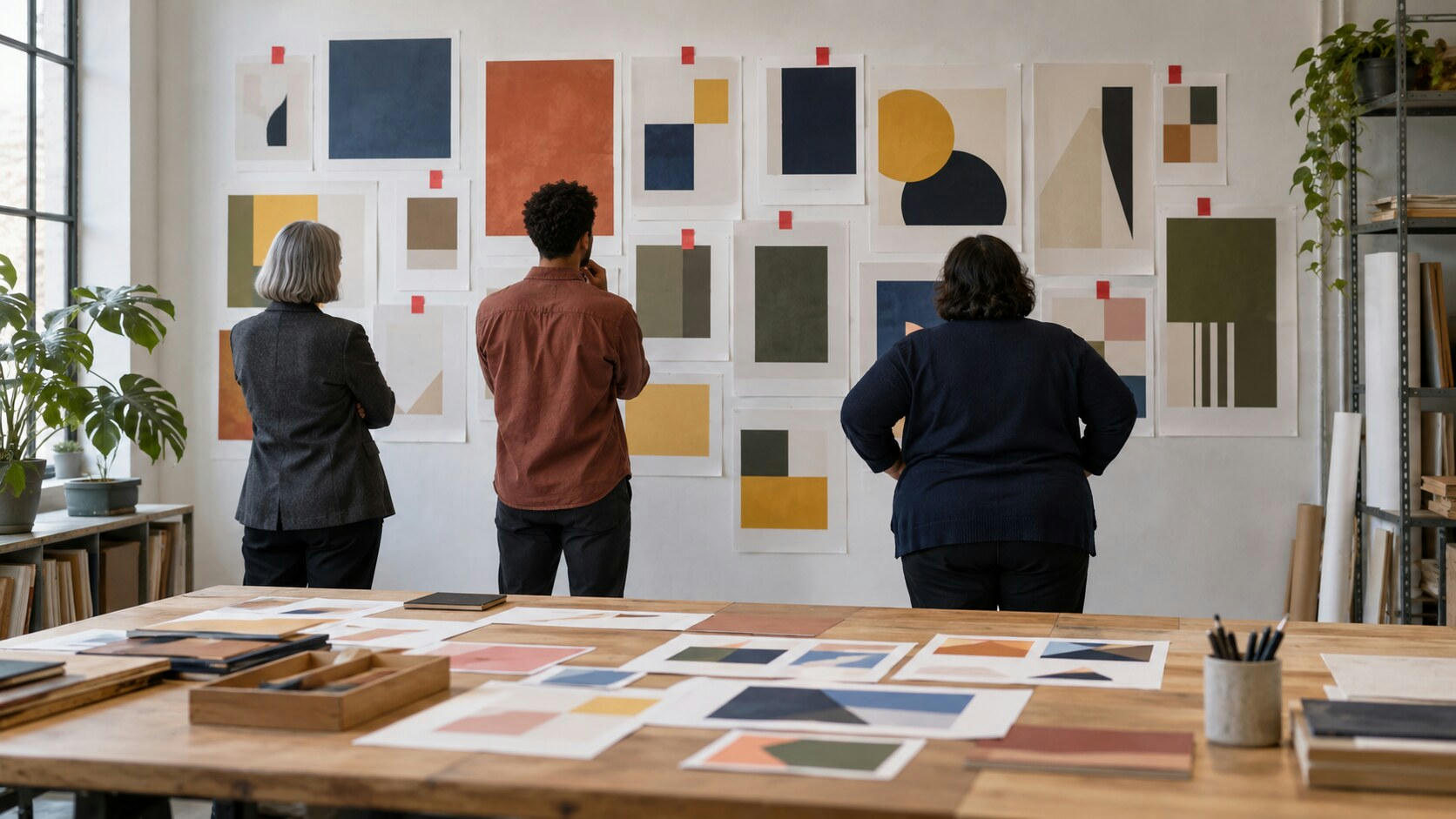 Synthetic editorial illustration. An advertising review office. Three colleagues viewed from behind compare abstract colour-block prints pinned to a wall with red tabs; more proofs lie across a wooden worktable in daylight.