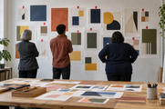 Synthetic editorial illustration. An advertising review office. Three colleagues viewed from behind compare abstract colour-block prints pinned to a wall with red tabs; more proofs lie across a wooden worktable in daylight.