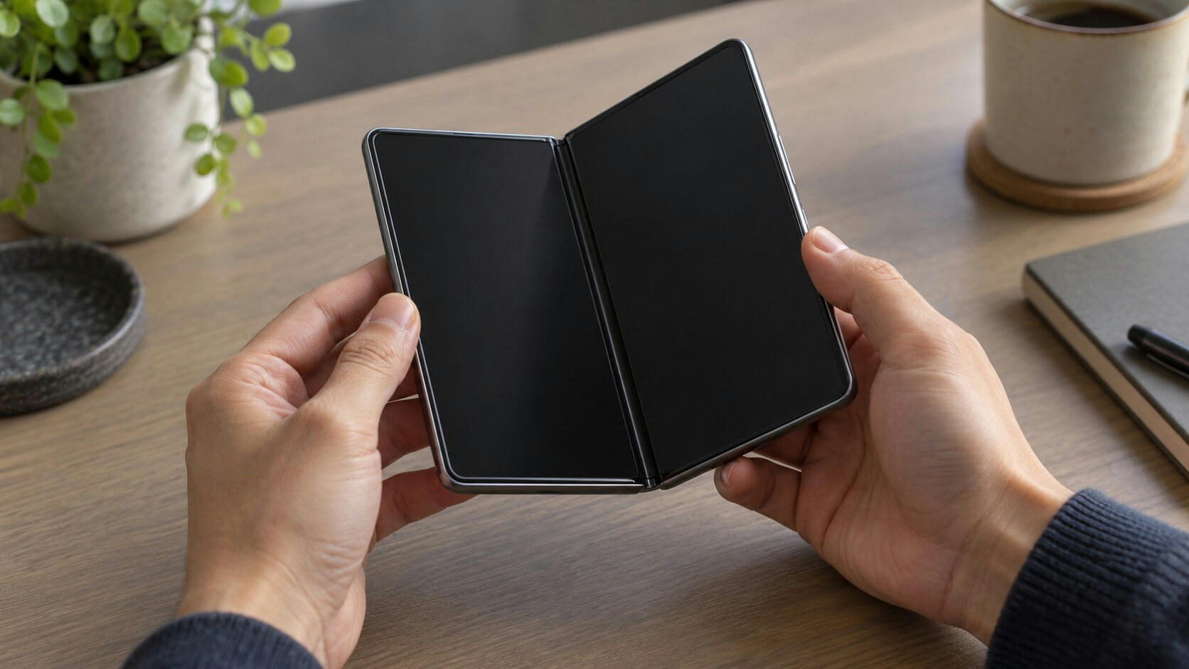 Synthetic editorial illustration. Two hands hold a partially unfolded phone above a wooden desk. Its two dark display halves meet at a visible central hinge, with a plain mug, plant and notebook around the edges.