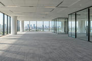 Synthetic editorial illustration. An empty office floor. Bare grey carpet stretches between white columns and glass-walled rooms, with daylight casting long window shadows and a distant city visible beyond the glazing.