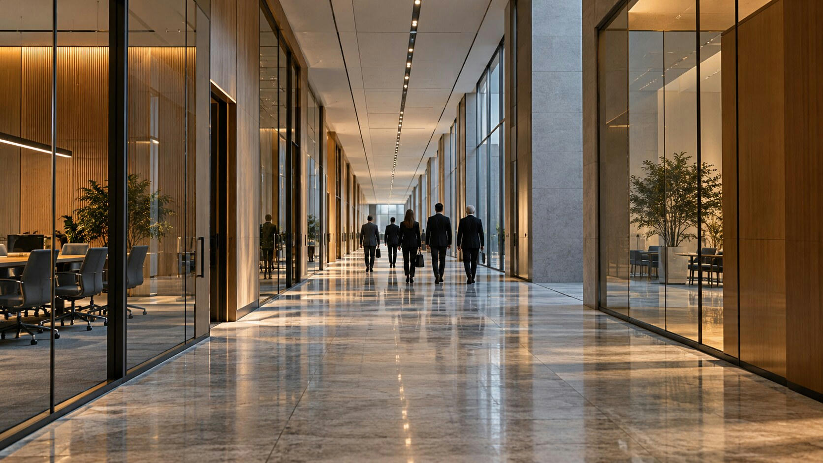 Synthetic editorial illustration. An institutional corridor runs between glass-walled meeting rooms and tall windows. Small rear-facing officials walk away along the polished stone floor beneath warm ceiling lights.