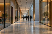 Synthetic editorial illustration. An institutional corridor runs between glass-walled meeting rooms and tall windows. Small rear-facing officials walk away along the polished stone floor beneath warm ceiling lights.
