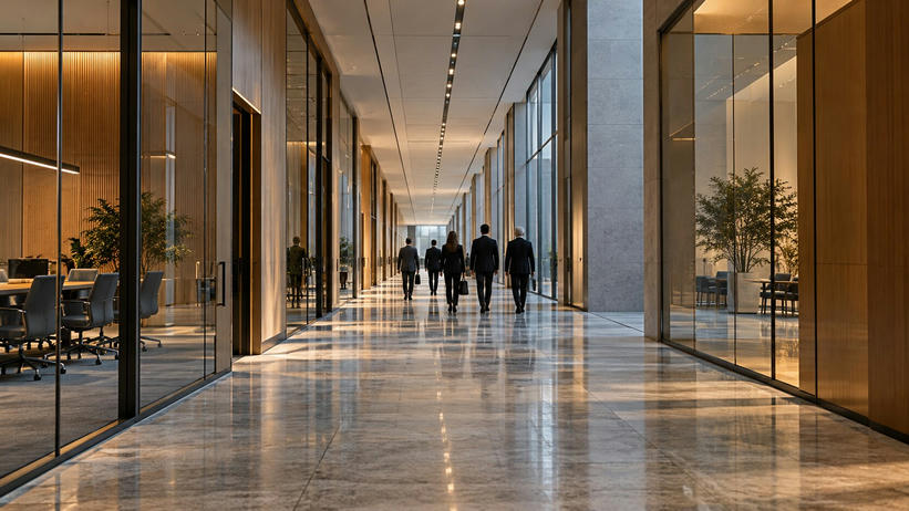 Synthetic editorial illustration. An institutional corridor runs between glass-walled meeting rooms and tall windows. Small rear-facing officials walk away along the polished stone floor beneath warm ceiling lights.