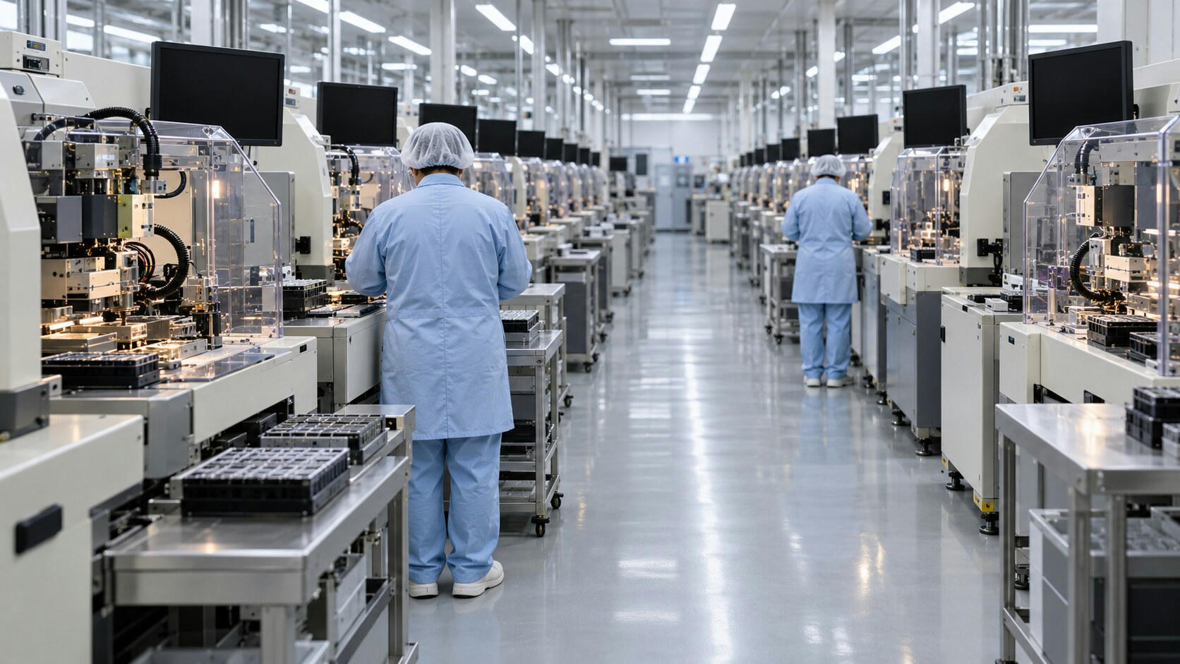 Synthetic editorial illustration. A chip packaging hall. Rows of guarded precision machines and component trays line a long aisle, with two operators in pale blue smocks seen from behind and dark monitors above the machines.