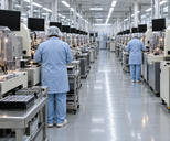 Synthetic editorial illustration. A chip packaging hall. Rows of guarded precision machines and component trays line a long aisle, with two operators in pale blue smocks seen from behind and dark monitors above the machines.
