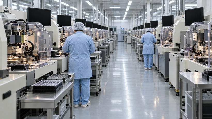 Synthetic editorial illustration. A chip packaging hall. Rows of guarded precision machines and component trays line a long aisle, with two operators in pale blue smocks seen from behind and dark monitors above the machines.