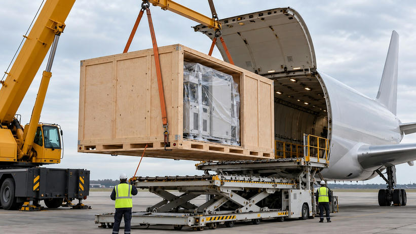Synthetic editorial illustration. A crane suspends a large plain wooden crate containing wrapped machinery beside an open cargo-aircraft hold. Two small rear-facing workers guide the load above a lifting platform under overcast daylight.