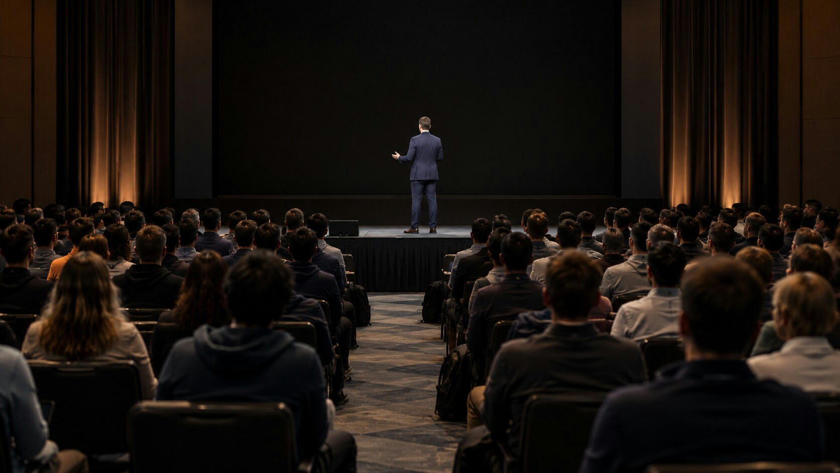 Synthetic editorial illustration. A conference hall. A rear-facing suited speaker gestures on a low stage before a large dark screen, while rows of rear-facing attendees fill the warmly lit room.