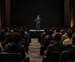 Synthetic editorial illustration. A conference hall. A rear-facing suited speaker gestures on a low stage before a large dark screen, while rows of rear-facing attendees fill the warmly lit room.