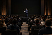 Synthetic editorial illustration. A conference hall. A rear-facing suited speaker gestures on a low stage before a large dark screen, while rows of rear-facing attendees fill the warmly lit room.