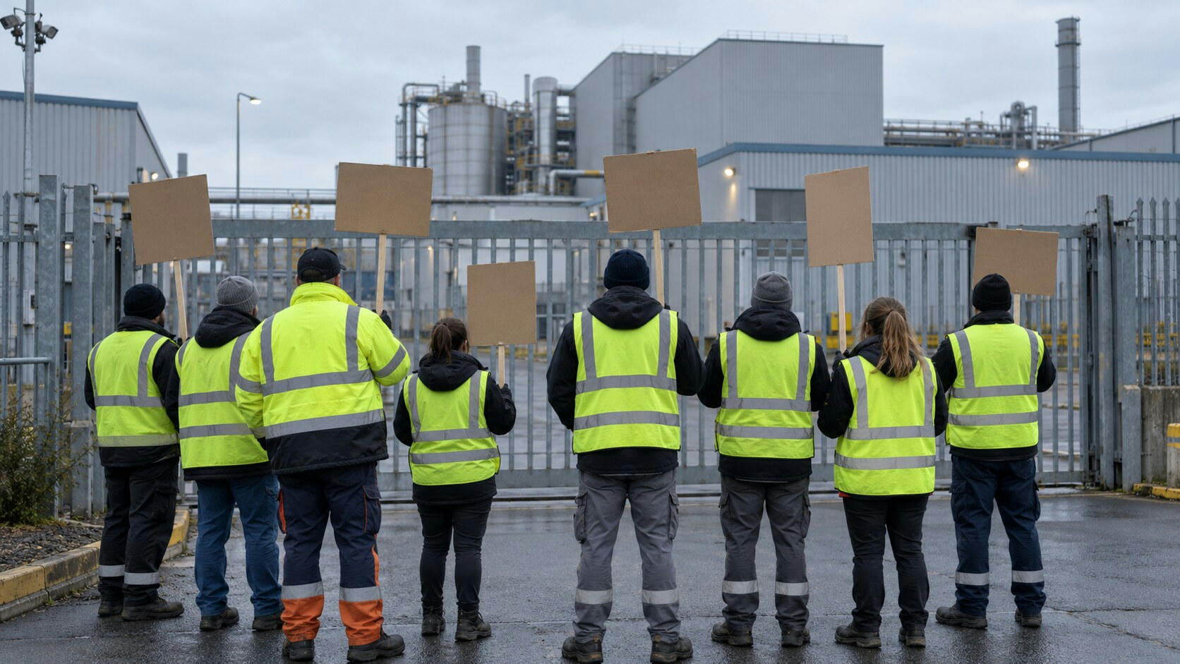 Synthetic editorial illustration. Workers in plain fluorescent vests stand with their backs to the viewer outside a metal factory gate. Several hold blank cardboard placards beneath an overcast sky, with industrial pipes and sheds beyond.