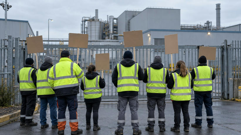 Synthetic editorial illustration. Workers in plain fluorescent vests stand with their backs to the viewer outside a metal factory gate. Several hold blank cardboard placards beneath an overcast sky, with industrial pipes and sheds beyond.