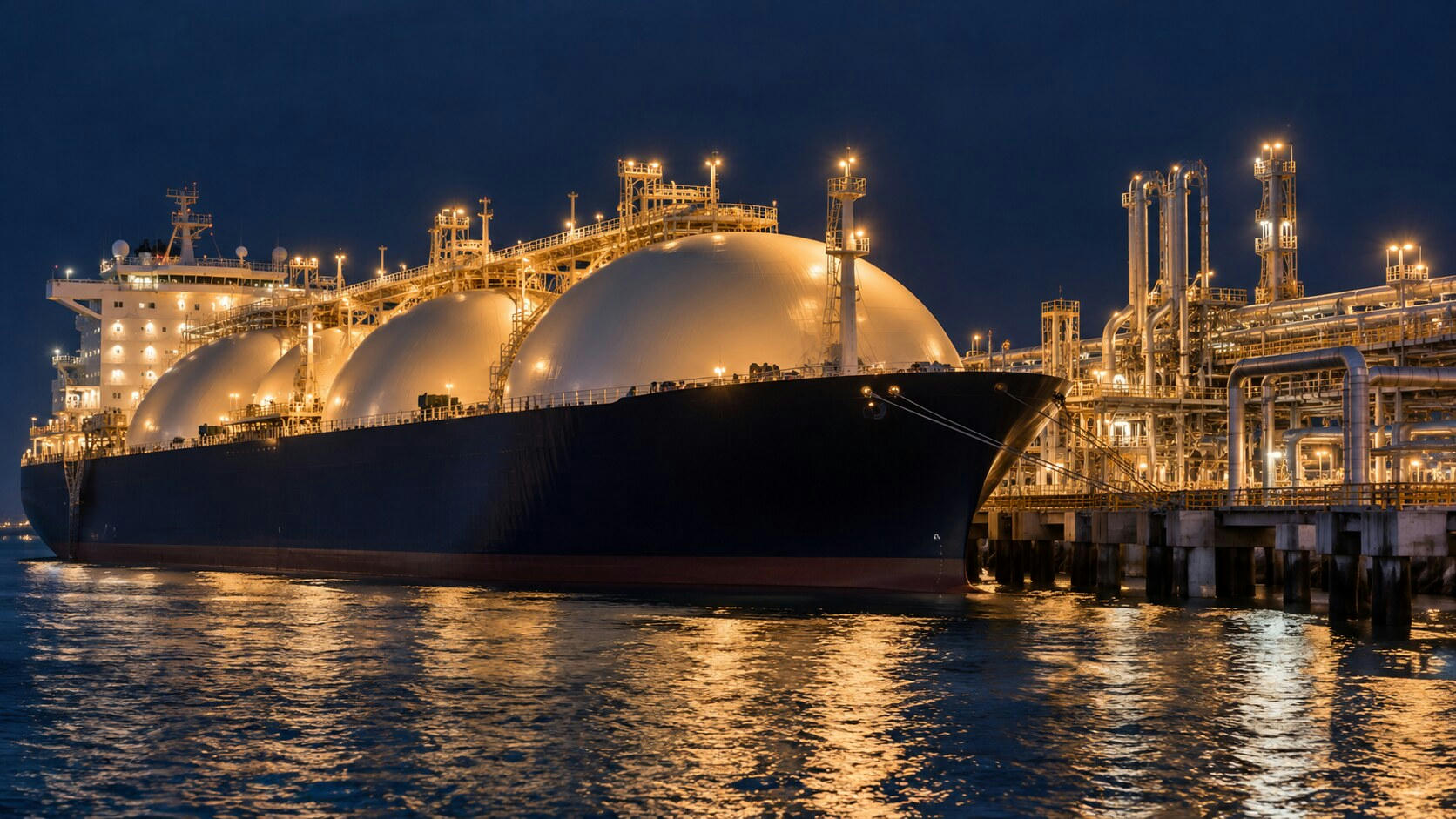 Synthetic editorial illustration. An LNG terminal. A large dark-hulled carrier with spherical tanks lies beside illuminated loading arms and pipework, with warm industrial lights reflecting across the water under a deep blue night sky.