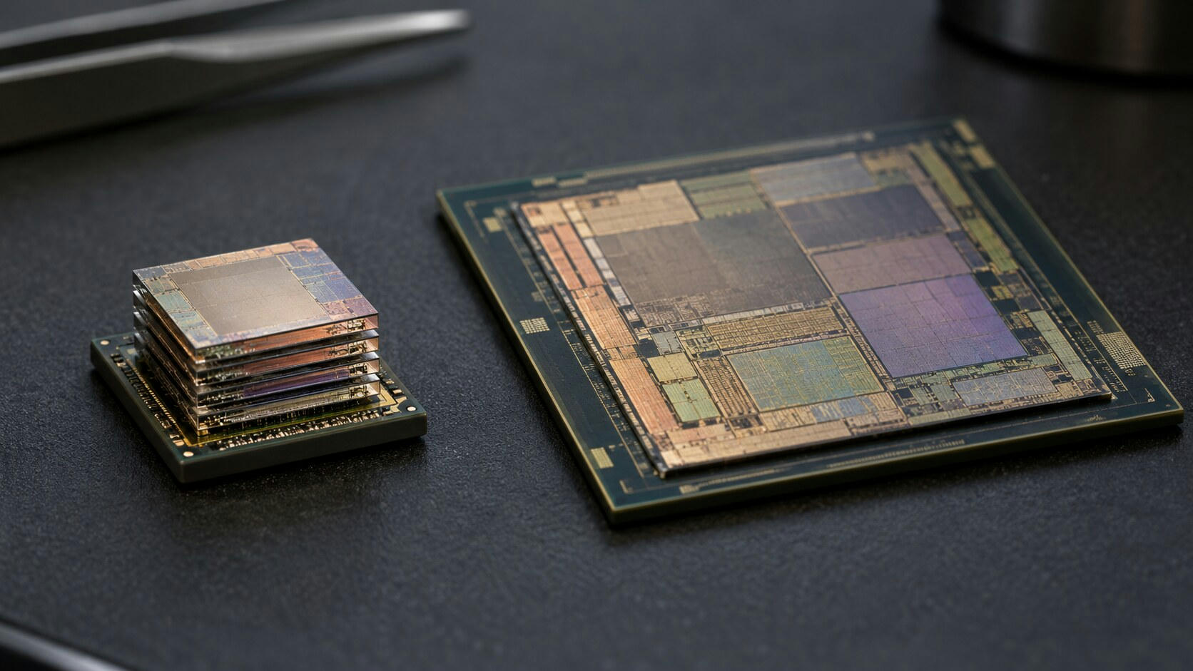 Synthetic editorial illustration. A small stack of thin reflective silicon layers sits on a dark package beside a larger patterned processor die. Both rest on a textured black anti-static mat under soft inspection light.