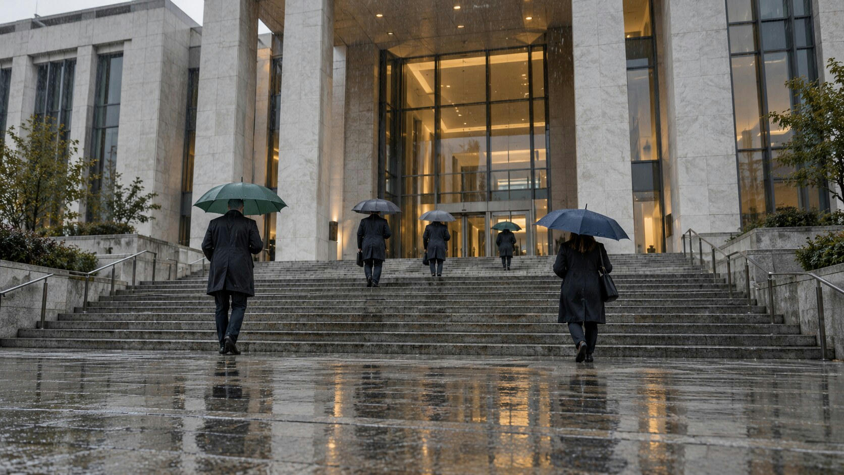 Synthetic editorial illustration. A modern courthouse entrance. People seen from behind climb broad wet stone steps beneath plain umbrellas toward a lit glass entrance as rain falls.