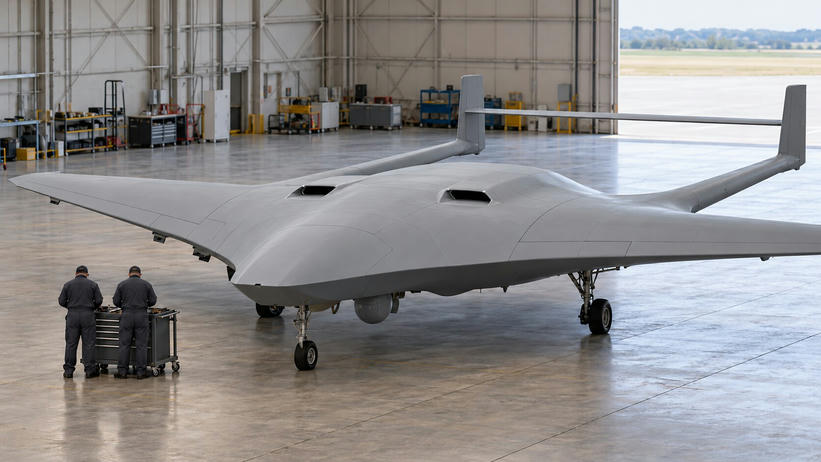 Synthetic editorial illustration. An unmarked broad blended-wing aircraft with twin tail booms, a straight joining tailplane and upright fins stands in a daylit hangar. Two small workers seen from behind stand beside a tool trolley.