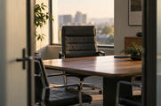 Synthetic editorial illustration. One empty practical executive chair as the focal subject at a modest meeting table, viewed through an office doorway.