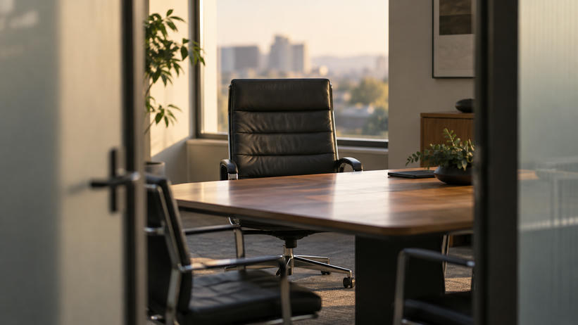 Synthetic editorial illustration. One empty practical executive chair as the focal subject at a modest meeting table, viewed through an office doorway.
