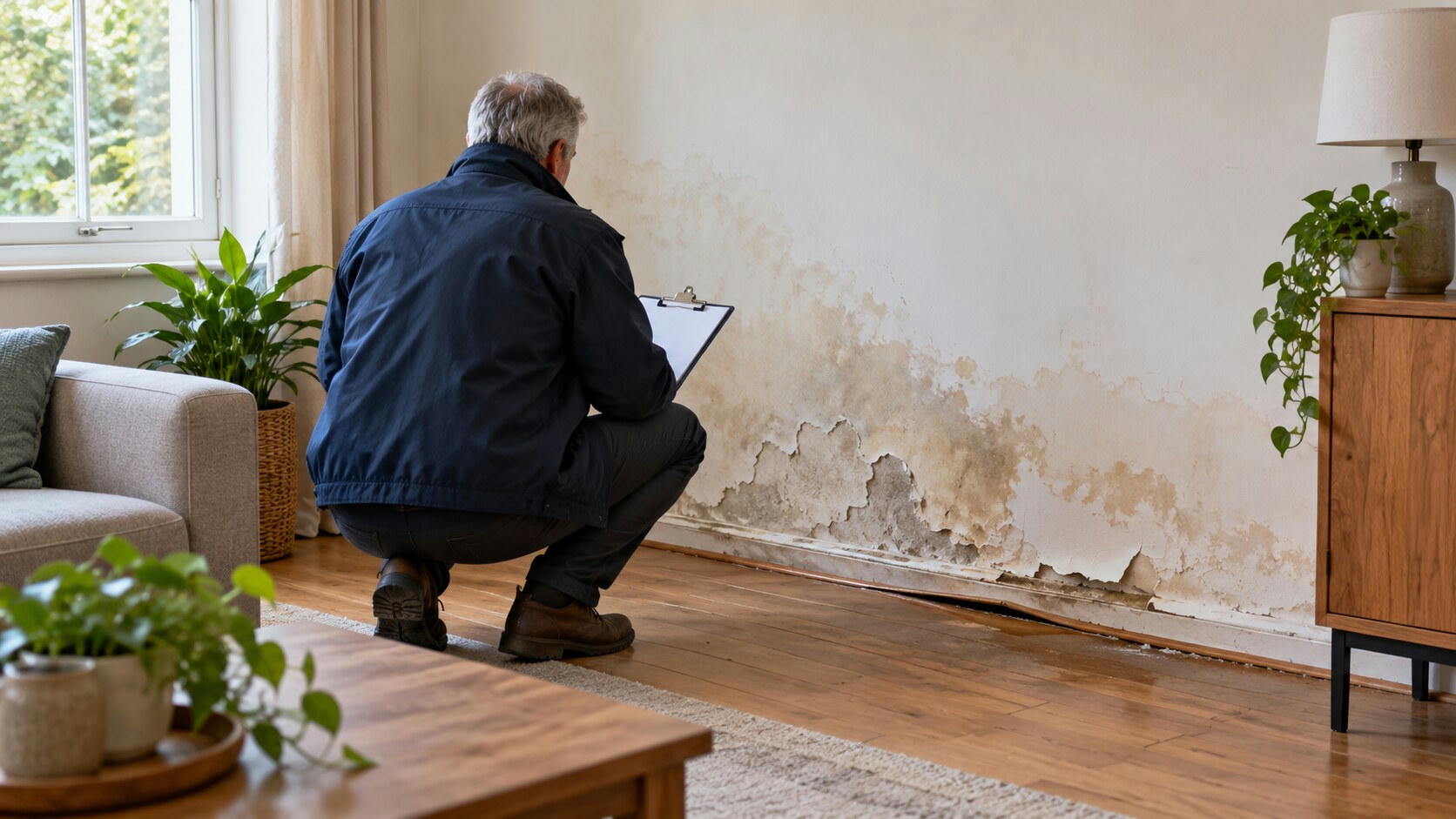 Synthetic editorial illustration. A living room. A rear-facing assessor crouches with a blank clipboard beside stained, peeling lower-wall plaster and lifted skirting, with a sofa, wooden furniture and potted plants nearby.