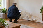 Synthetic editorial illustration. A living room. A rear-facing assessor crouches with a blank clipboard beside stained, peeling lower-wall plaster and lifted skirting, with a sofa, wooden furniture and potted plants nearby.
