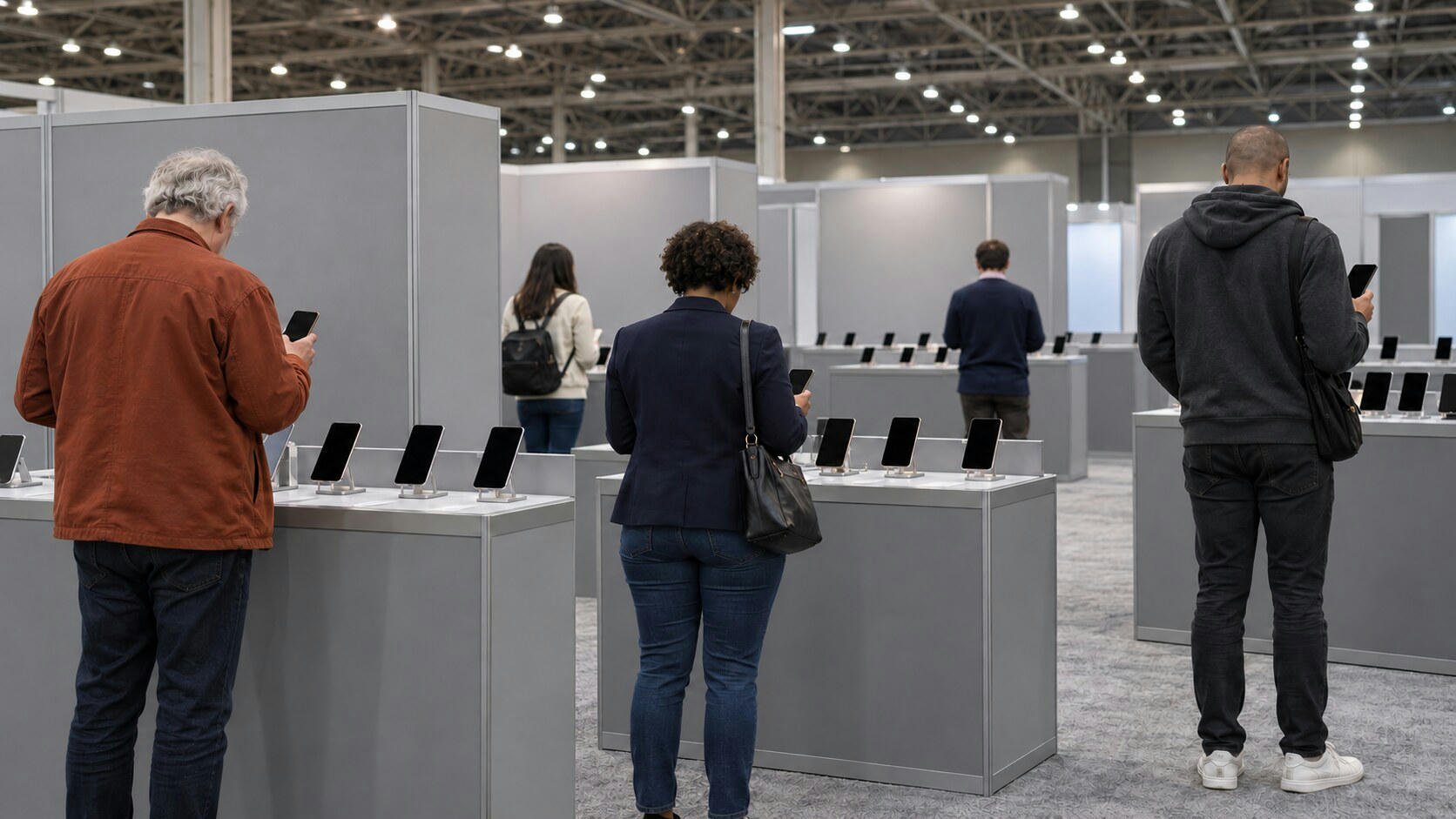 Synthetic editorial illustration. Visitors of varied ages and builds viewed from behind test dark-screen phones at plain grey counters. Modular grey booths, carpeted aisles and exposed roof trusses define the technology exhibition hall.