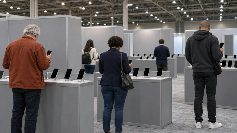 Synthetic editorial illustration. Visitors of varied ages and builds viewed from behind test dark-screen phones at plain grey counters. Modular grey booths, carpeted aisles and exposed roof trusses define the technology exhibition hall.