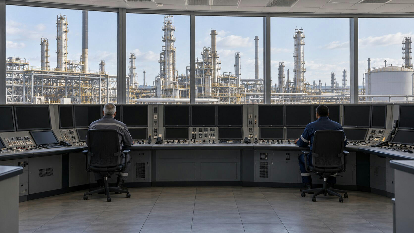 Synthetic editorial illustration. A refinery control room. Two rear-facing operators sit at a curved console of dark display panels and switches, with extensive refinery towers, tanks and pipework visible through broad windows.