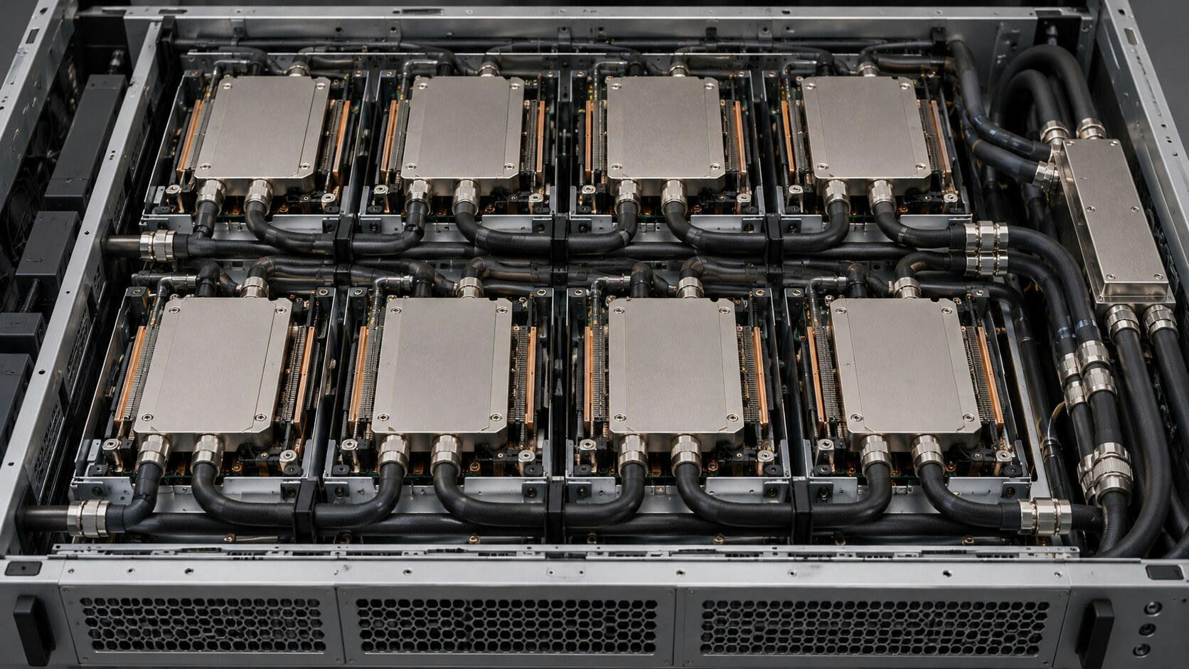 Synthetic editorial illustration. Eight rectangular metal-covered modules sit in two rows inside an open server tray. Black cooling hoses connect them to metal fittings and a side manifold under soft inspection light.