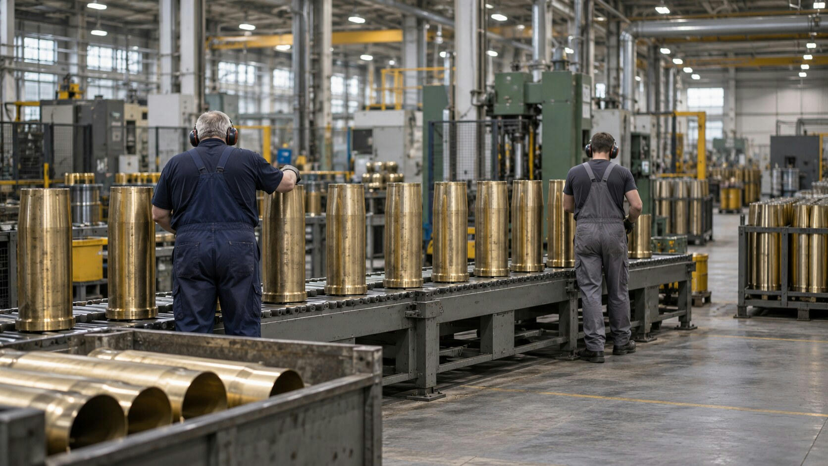 Synthetic editorial illustration. A factory production hall. Empty brass shell casings stand along roller conveyors while two workers in ear protection face away among large industrial machines.