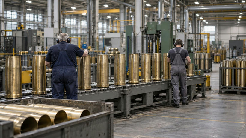 Synthetic editorial illustration. A factory production hall. Empty brass shell casings stand along roller conveyors while two workers in ear protection face away among large industrial machines.