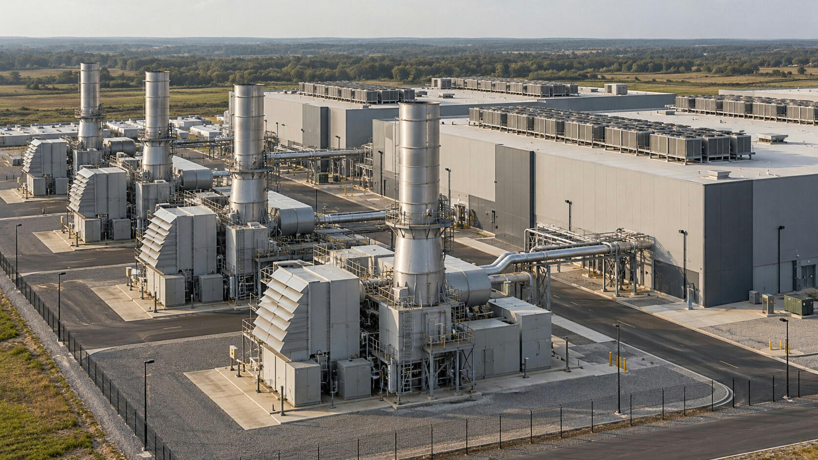 Synthetic editorial illustration. An industrial power campus. Turbine enclosures, broad intake ducts and tall metal exhaust stacks stand directly beside low windowless halls with rooftop cooling units.