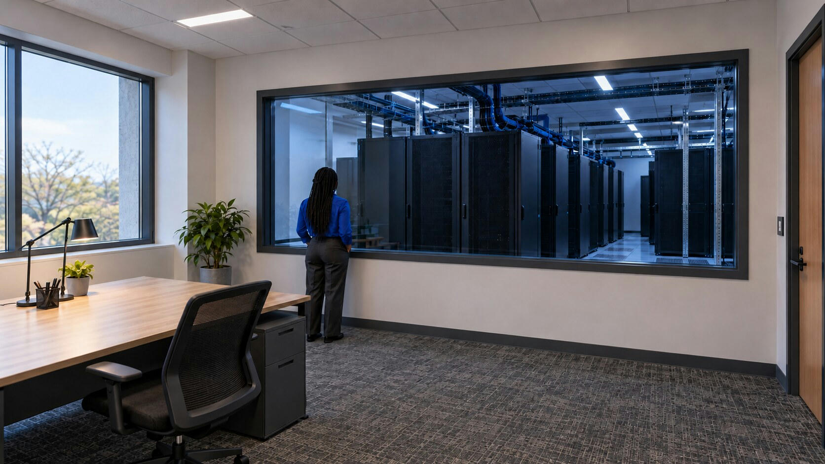 Synthetic editorial illustration. A small rear-facing person with long braids stands beside a broad interior window into a blue-lit server room. A simple desk, chair and plants occupy the quiet adjoining office.