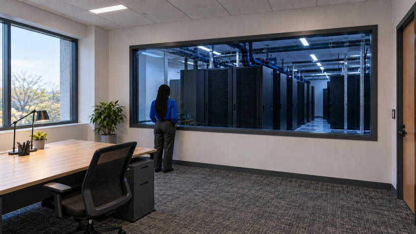 Synthetic editorial illustration. A small rear-facing person with long braids stands beside a broad interior window into a blue-lit server room. A simple desk, chair and plants occupy the quiet adjoining office.