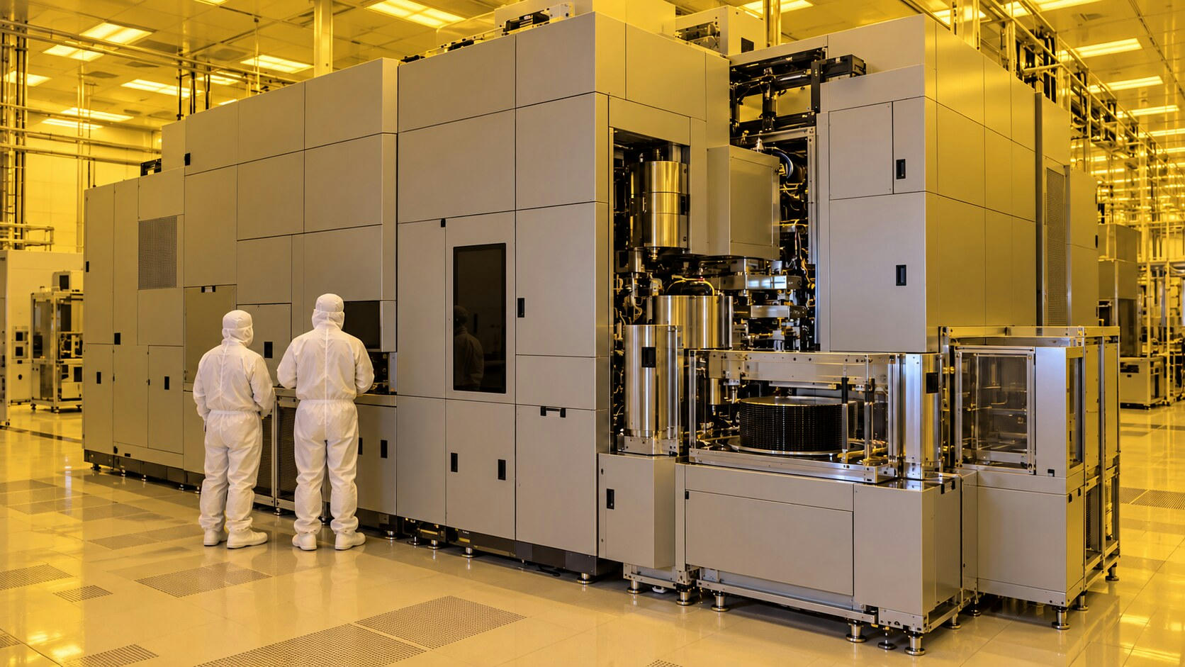 Synthetic editorial illustration. Two small white-suited engineers viewed from behind stand beside a massive plain machine enclosure. Exposed metal mechanisms and a wafer stack sit in a yellow-lit cleanroom, with equipment displays dark.