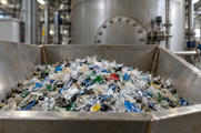 Synthetic editorial illustration. One hopper of shredded mixed plastic with a closed industrial vessel softly visible behind it.