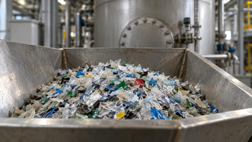 Synthetic editorial illustration. One hopper of shredded mixed plastic with a closed industrial vessel softly visible behind it.