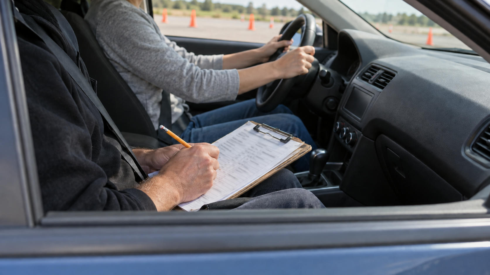 Synthetic editorial illustration. Through an open passenger window, an examiner writes on a populated softly defocused clipboard beside a belted driver holding the steering wheel, with a controlled test area beyond.