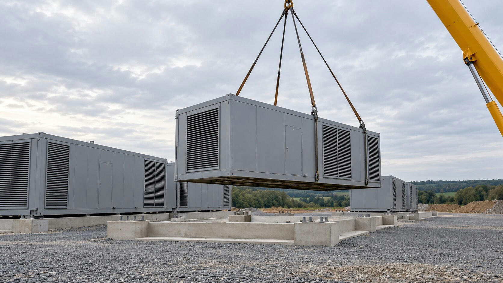 Synthetic editorial illustration. A gravel construction site. A grey modular equipment unit hangs from crane slings above concrete footings, with similar ventilated units already installed nearby.