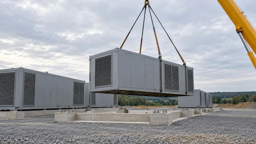 Synthetic editorial illustration. A gravel construction site. A grey modular equipment unit hangs from crane slings above concrete footings, with similar ventilated units already installed nearby.