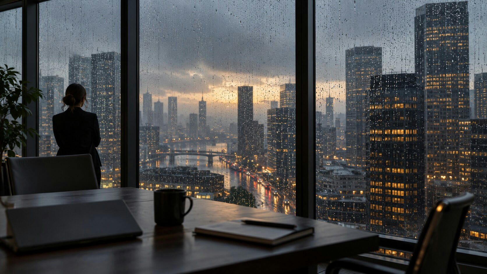 Synthetic editorial illustration. Rain beads on a broad office window overlooking dark towers and blurred warm city lights. A rear-facing figure stands at the left; a closed laptop, mug and notebook sit on the foreground table.