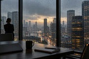 Synthetic editorial illustration. Rain beads on a broad office window overlooking dark towers and blurred warm city lights. A rear-facing figure stands at the left; a closed laptop, mug and notebook sit on the foreground table.