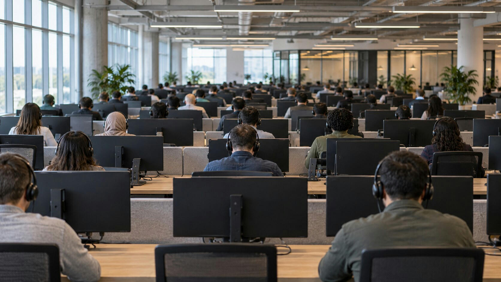 Synthetic editorial illustration. A large open-plan office. Rows of rear-facing workers wearing headsets sit behind plain monitor backs and low desk partitions, with tall windows, plants and exposed ceiling services surrounding the space.